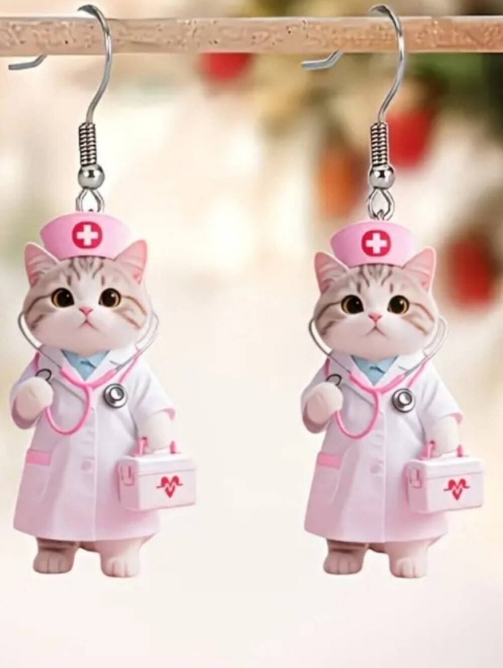 Cute Cat Nurse Earrings - Pink Cat Vet Charm for Cat Lovers